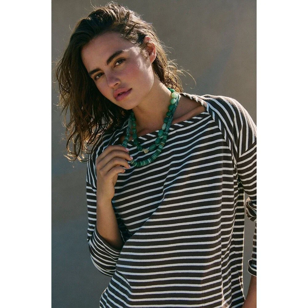 Free People Free Est Tivoli Maxi Dress Stripe Printed Long Sleeve Brown S 288375
